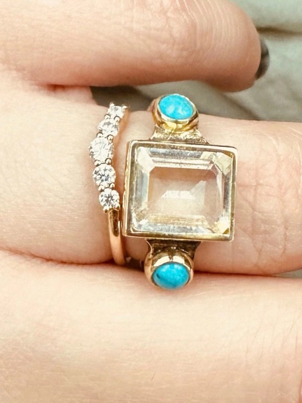 Emerald Cut Natural Quartz & Turquoise Sterling Silver & Bronze Ring sz5 unique!